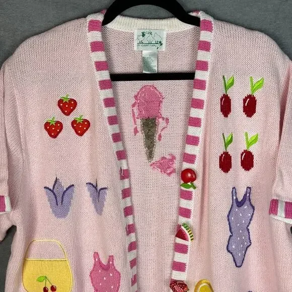 Quacker Factory Sweater Large Pink Fruit Cardigan Short Sleeve Summer Picnic - Picture 2 of 12